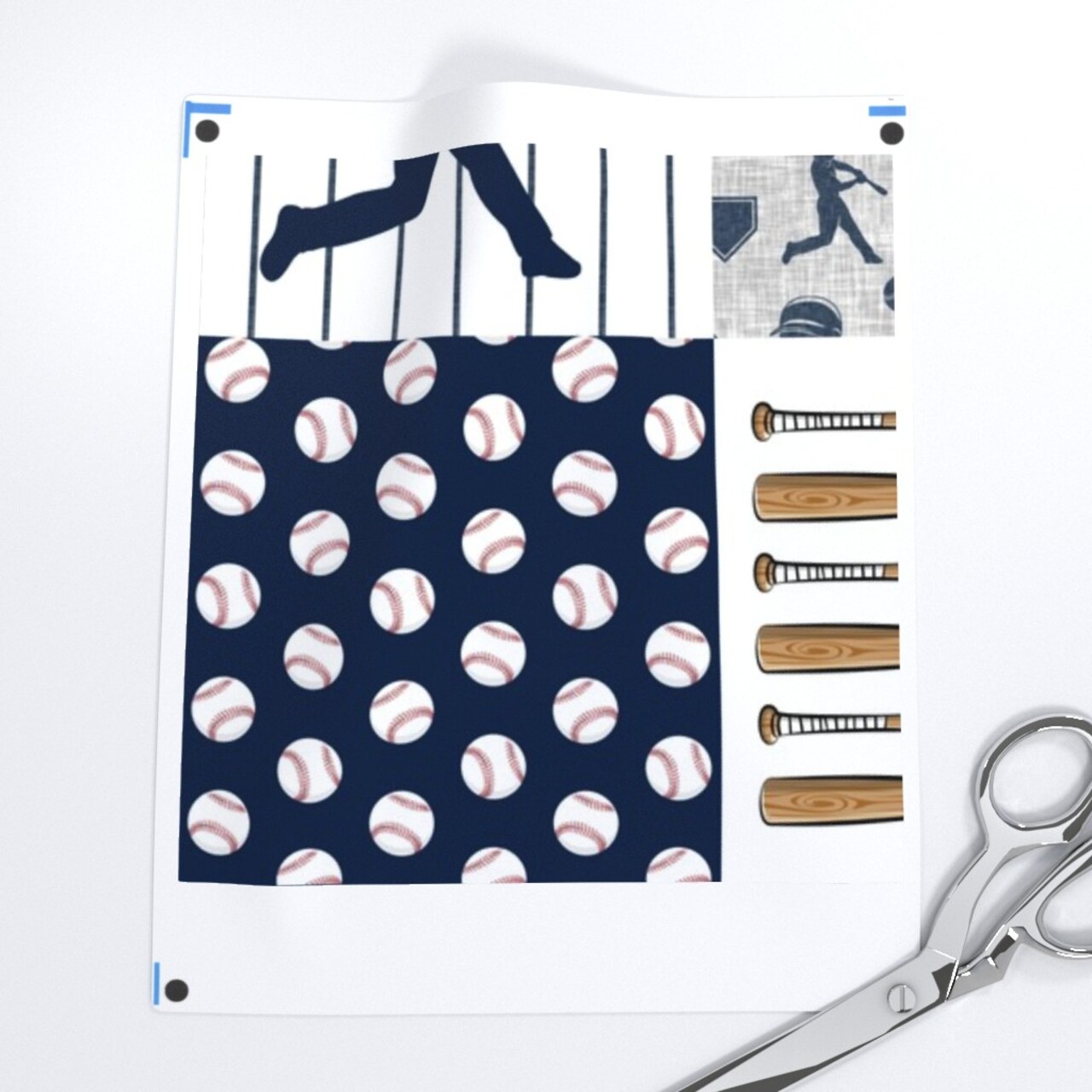 Baseball Patchwork Wholecloth Cheater Quilt Baby Boy Grey Blue Pinstripe Custom Printed Fabric by Spoonflower Various Fabrics by the Yard or Fat Quarter